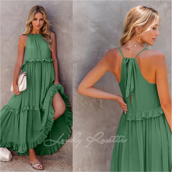 Lovely Rosetta Dresses & Skirts - Green Ruffled Sleeveless Tiered Maxi Dress with Pockets